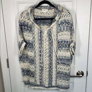 Loft Lounge blue and ivory short sleeved hooded boho sweater size large